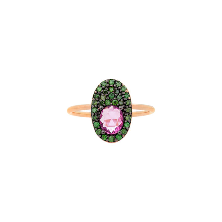 Ring with pink sapphire and green diamonds