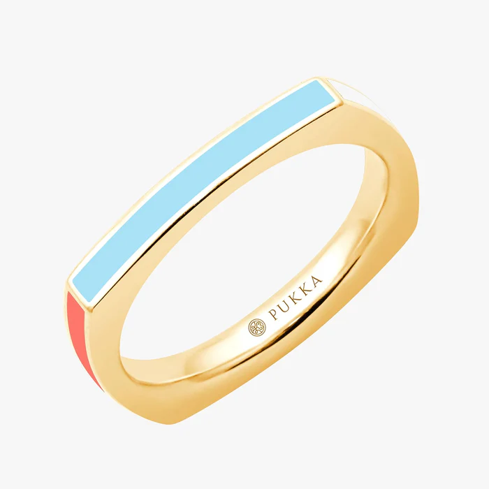 Bauhaus Square Ring Riva Blue Nordic White Silk Coral